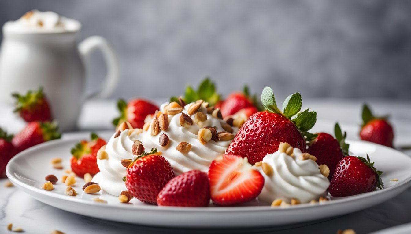 Fresh strawberries arranged on a white plate, surrounded by a dollop of whipped cream and a sprinkling of chopped nuts