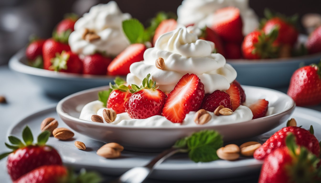 Fresh strawberries, whipped cream, and a sprinkle of nuts on a plate