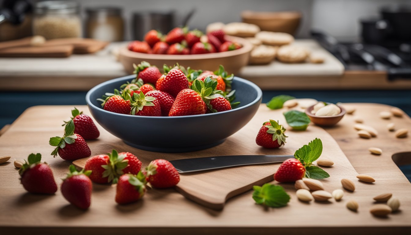 A table set with fresh strawberries, almond flour, and a mixing bowl. A chef's knife and cutting board are ready for slicing the berries