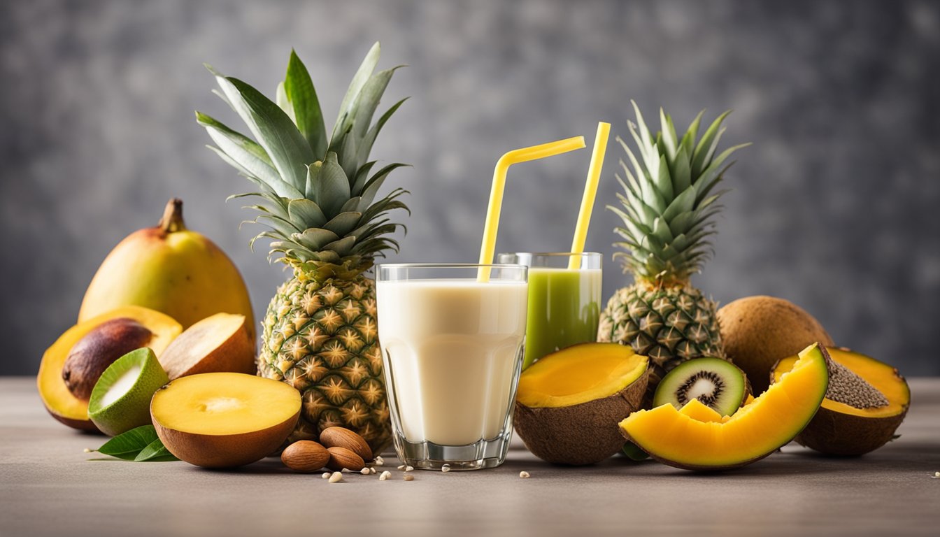 A colorful array of tropical fruits like mango, pineapple, and coconut, alongside low carb ingredients like almond milk and chia seeds, all blending together in a vibrant smoothie