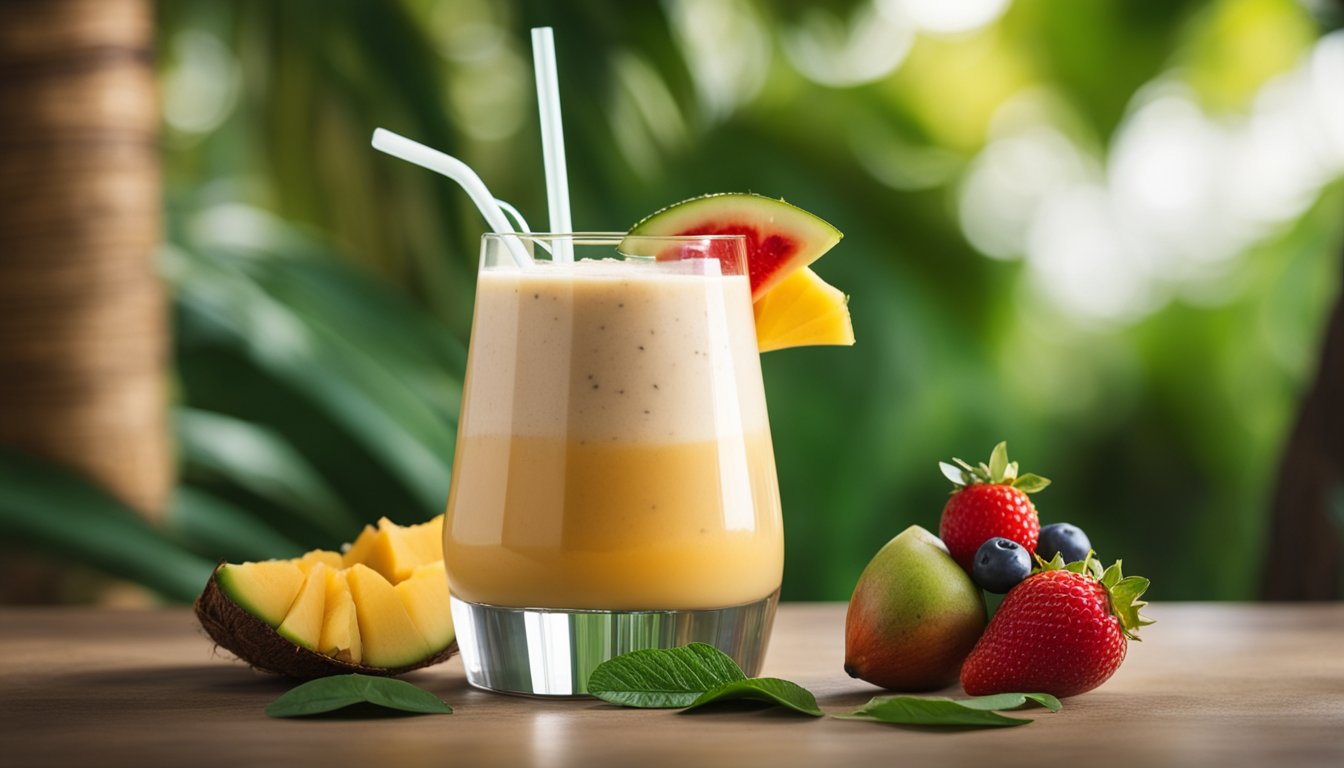 A tropical smoothie surrounded by fresh fruits and coconut milk, with a low carb label and a burst of energy