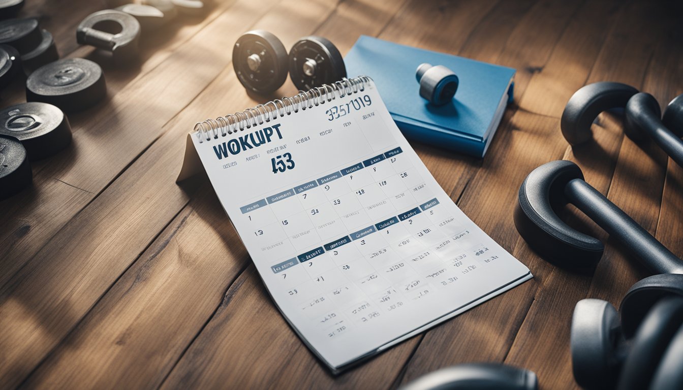 A calendar with intense workout routines, marked with sweat stains and worn edges, surrounded by scattered exercise equipment