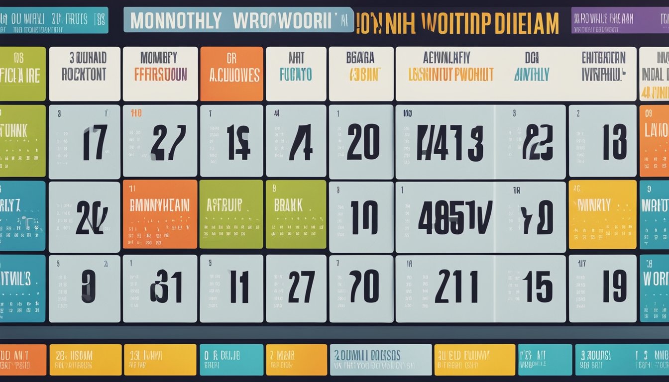 A calendar with bold, colorful text displays the monthly breakdown of an intense workout program, surrounded by motivational images and fitness icons