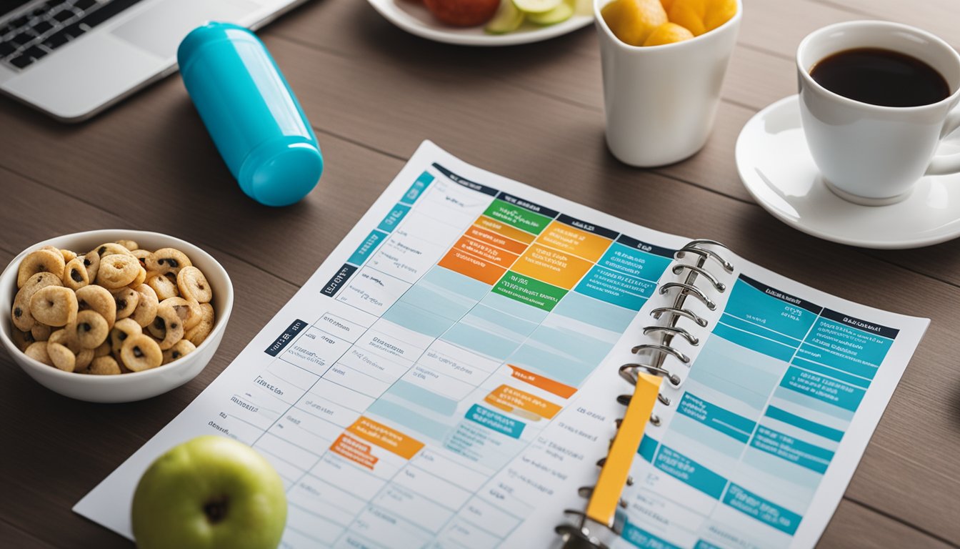 A colorful nutrition chart and workout calendar displayed on a clean, organized table. A water bottle and healthy snacks sit nearby